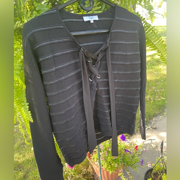 SUNCOO Paris Cropped Blouse Black and Silver Striped Eyelet Top Sz T1 = Sz Small - Picture 5 of 11